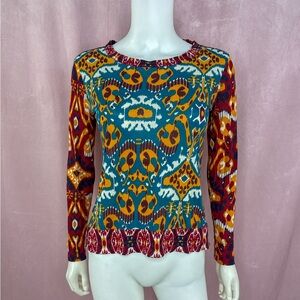 Tory Burch Womens 100% Cotton Multicolor Ikat Crew Neck Shirt Top Size Small